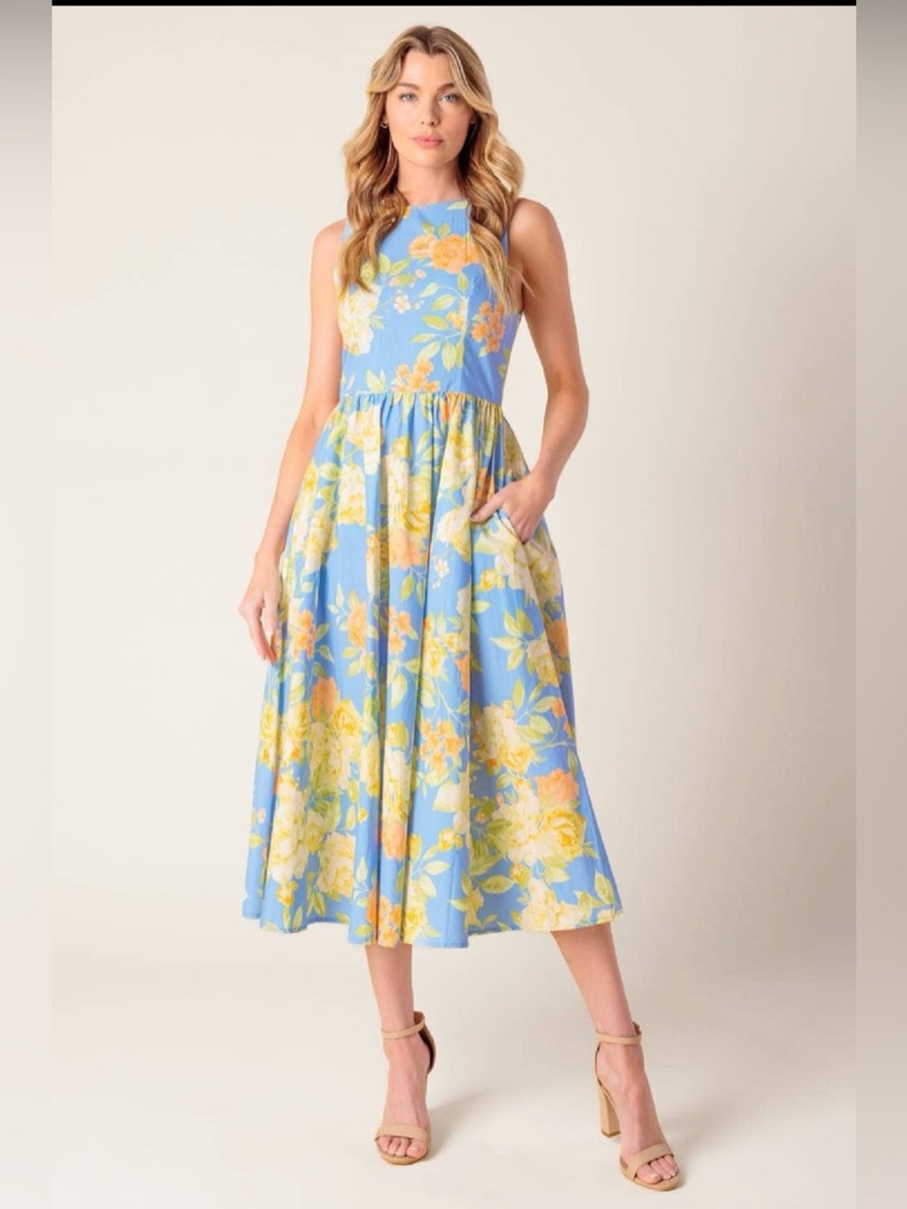 Sleeveless Blue Floral Midi Dress with Yellow Blooms